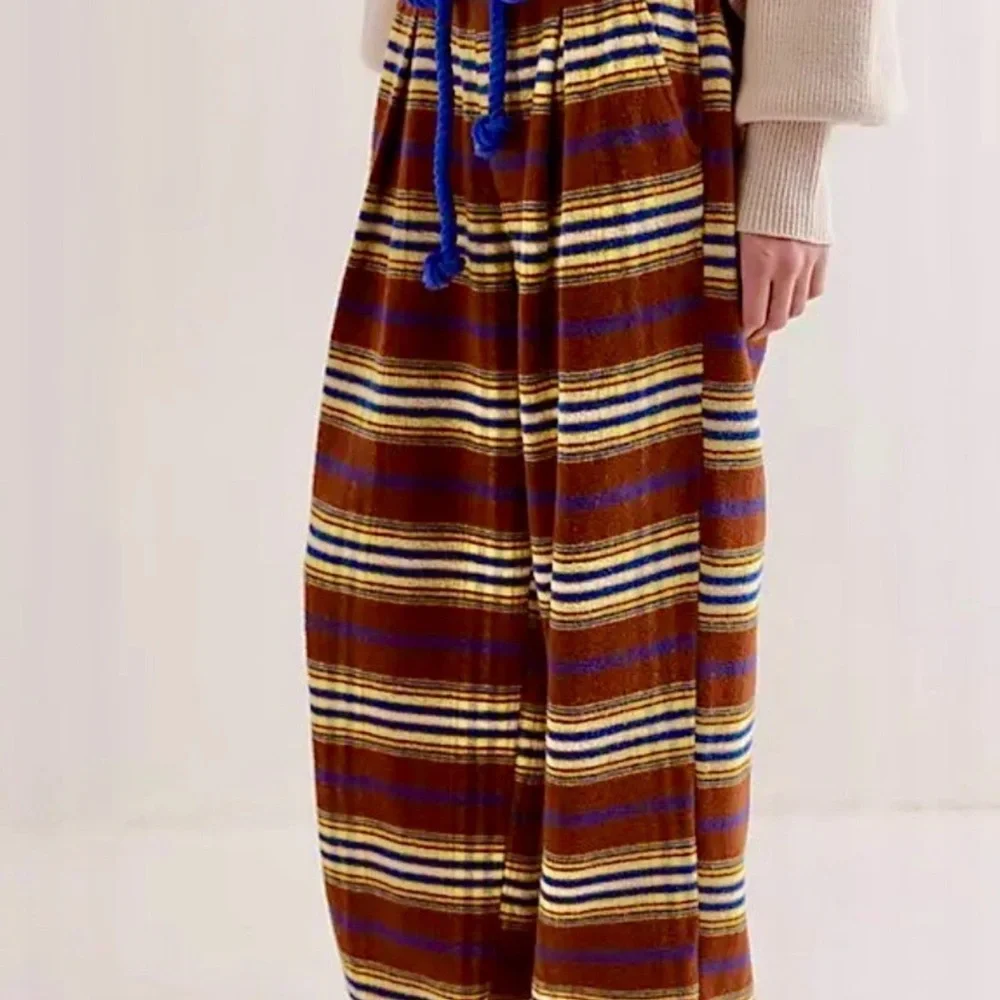 Free People Preppy Plaid Pull On Trousers Pants Flannel Tie Brown Blue S NEW - Picture 3 of 8